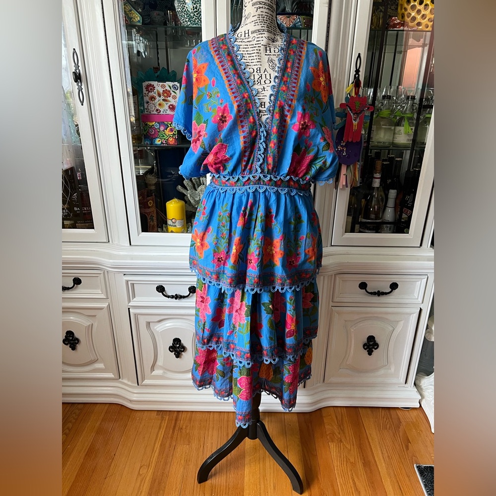 FARM Rio Blue and Pink Ruffled Tiered Midi Sundress M - Picture 1 of 13